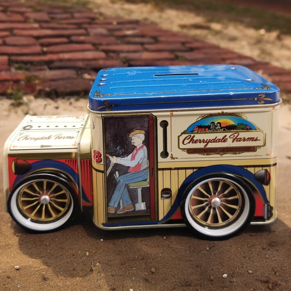 Tin Delivery Truck Coin Bank Vintage Cherrydale Farms w/Spinning Wheels - Picture 2 of 15